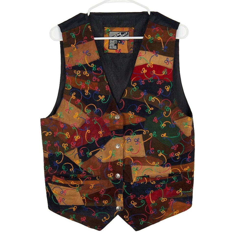 Vintage Genuine Leather Embroidered Patchwork Vest Women's Medium